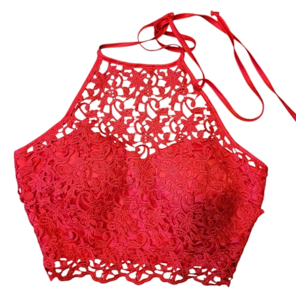 Red Lace Satin Halter Crop Top Women's 1 Sexy Romantic Party Elevated Casual - Picture 1 of 10